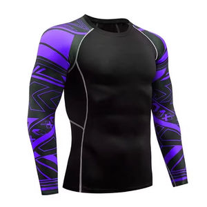 Haut de sport à manches longues pour homme, noir et violet, imprimé géométrique, séchage rapide, en Spandex et Polyester, pour entraînement MMA BJJ, manches complètes - Product Image 1