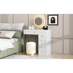 31.5 \ "di lusso bianco-oro toletta 2 cassetti 1 armadio con 3 modalità di illuminazione illuminato trucco Vanity Desk per camera da letto - Product Image 3
