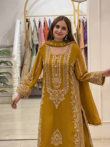 <b>Women</b> Traditional Faux Georgette Floor-Length Embroidered <b>Kurta</b> Set With Dupatta Regular Fit All Seasons India Pakistan Style - Product Image 2