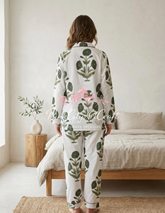 Pijama de Algodón Puro de Primera Calidad, Transpirable, de Secado Rápido, Estampado Floral a Mano, para Mujer, Manga Larga, con Botones, para Verano, Primavera y Otoño - Product Image 3