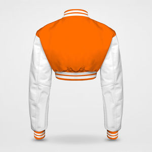 Womens Orange Genuine Leather Varsity <b>Jacket</b> with <b>White</b> Leather Sleeves Breathable Wool Lining Snap Buttons Winter - Product Image 2