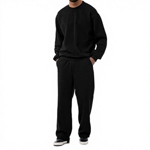 Ensemble de survêtement en coton noir pour homme, sweat-shirt à col rond et pantalon de jogging, couleur unie, coupe décontractée ample, longueur intégrale, pour l'automne - Product Image 1