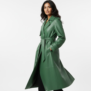 Unisex Long Leather <b>Trench</b> Outerwear Genuine Hide Button Front Wide Lapel Collar Waist Belt Full Length Winter Fashion <b>Coat</b> - Product Image 1