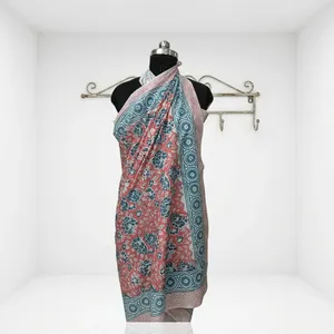 Hand Block Printed Cotton Sarong <b>Red</b> Teal Floral Beach Wrap <b>Scarf</b> Lightweight Summer Cover Up for Women Resort Travel Wear - Product Image 2