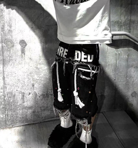 <b>Denim</b> Manufacturer Custom Double Waist Knees Diamonds Rhinestone Baggy Cargo 100% Cotton Solid Quick Dry Eco-Friendly Men's - Product Image 4