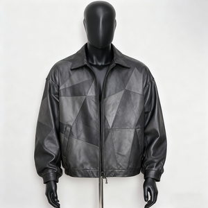 Veste en cuir patchwork bordeaux vintage pour homme, style streetwear hip-hop surdimensionné, veste bomber en cuir véritable rouge vin, manteau personnalisé - Product Image 3