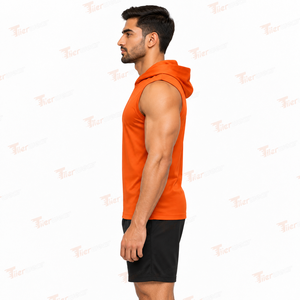 Men's <b>Orange</b> Sleeveless Hooded Tank <b>Top</b> Quick Dry Polyester Sporty Front Logo Print Casual Workout <b>Vest</b> Men Hooded Tank <b>Top</b> - Product Image 3