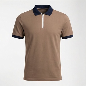 Polo à manches courtes marron pour homme avec col et poignets bleu marine, fermeture éclair sur le devant, design tricoté uni décontracté, coupe classique - Product Image 1