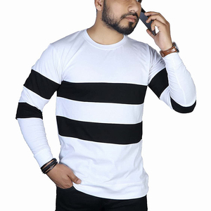 T-shirt à manches longues rayé pour homme, col rond, coupe ajustée, décontracté, tricoté, blanc et noir, à blocs de couleur, longueur standard - Product Image 4