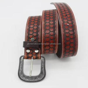 Ceinture en cuir occidental de qualité supérieure, nouvelle conception personnalisée, sculptée et peinte à la main, unisexe, avec boucle en laiton gravée de motifs floraux - Product Image 3
