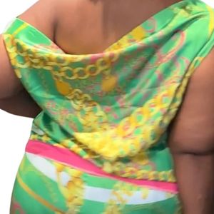 Top de un hombro con estampado verde y rosa para mujer, blusa informal de manga corta a la moda, ropa elegante de verano para mujer, ropa de moda - Product Image 3