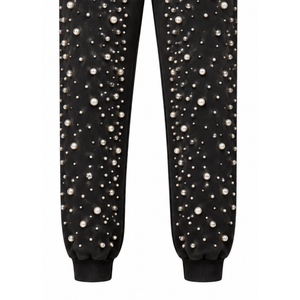 Black Pearl Beaded Jogger Pants <b>Women</b> Luxury Rhinestone Embellished Drawstring Sweatpants Casual Streetwear Fleece <b>Trousers</b> - Product Image 5