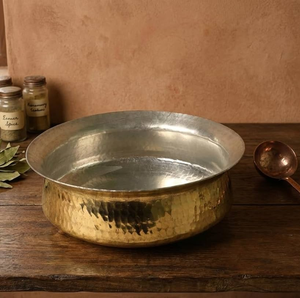 Traditional engraved brass handi with sturdy side handles and <b>silver</b> inner lining, available at wholesale prices. - Product Image 4