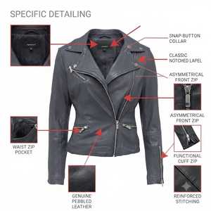 Veste en cuir véritable pour femmes, style motard, logo personnalisé, coupe ajustée, noire, fabricant de vestes en cuir pour moto - Product Image 6