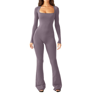 Women's Square Neck Full Length <b>Jumpsuit</b> Flared Leg Seamless High Waist Solid Color Spandex Polyester 1 Piece Set - Product Image 3