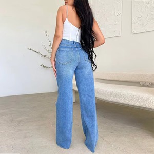 Comfortable High-Waisted Ladies All-in-One Denim Pants Modest Casual Style Baggy <b>Jeans</b> with Ripped Washed Hole Decoration - Product Image 6