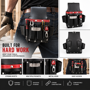 Heavy Duty Leather Tool Pouch | Multi Pocket Electrician Tool Holder | Belt Mounted Utility Pouch | OEM & Custom Logo - Product Image 3