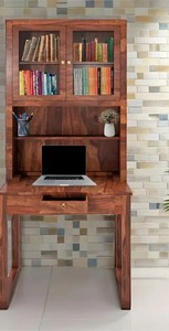<b>Solid</b> <b>Wood</b> Home Office Desk with Glass Door Hutch | Tall Study Table with <b>Bookcase</b> | Jodhpur Export - Product Image 4