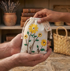 Cotton <b>Drawstring</b> <b>Pouch</b> Bag with Sunflower Embroidery Stitching Multi Color Pattern Small <b>Pouch</b> Bag With Cord Closure Bag - Product Image 5