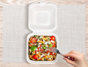 Contenedores de Alimentos Blancos Compostables Ecológicos Impermeables Tipo Concha, Diseño Cuadrado Reforzado con Bisagras, Desechables de Bagazo OEM - Product Image 6