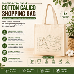 Eco Friendly <b>Folding</b> Cotton Calico Shopping <b>Bag</b> | Plain Dyed Reusable Tote <b>Bag</b> for Sustainable Daily Grocery Use Premium Quality - Product Image 6
