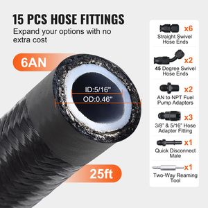 Kit Tubo Carburante 6AN da 7,6 m con Tubo Carburante in PTFE Intrecciato in Nylon e Acciaio Inossidabile da 8 mm, Compatibile con E85/Olio/Gas/Diesel, Adatto per Tubi e Condotte di Aspirazione Aria - Product Image 5