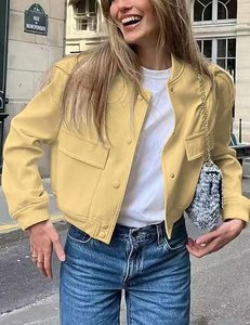 Women's Solid Color Bomber <b>Jacket</b> Full <b>Sleeve</b> Stand Collar Patch Pocket <b>Short</b> Length Autumn Wear - Product Image 6