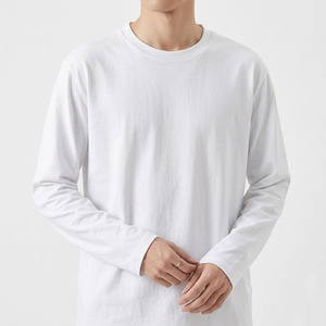 Premium Cotton Loose Fit Long Sleeve T-Shirt Crew Neck Men's Casual Streetwear 180GSM Jersey Knitted Solid <b>White</b> <b>Tee</b> - Product Image 3