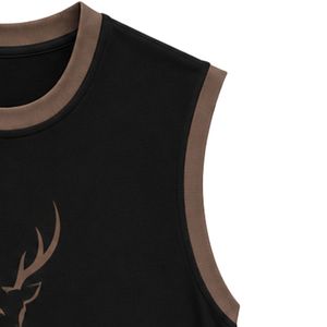 Débardeur sans manches noir et marron avec imprimé cerf en relief, gilet décontracté en coton pour homme, col rond, mode streetwear personnalisée - Product Image 6