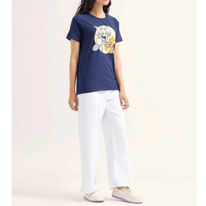 T-shirt personnalisé pour femme, bleu marine, imprimé Tom et Jerry, col rond, manches courtes, coupe classique, jersey décontracté, respirant, séchage rapide, été - Product Image 6