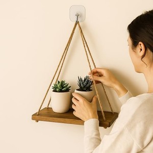 Étagère murale en bois pour plantes suspendues avec corde en jute - Décoration murale artisanale - Product Image 6