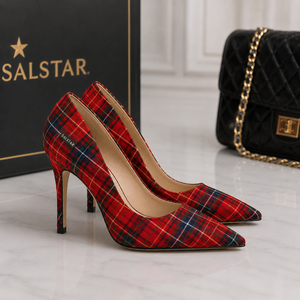 Vente en gros de chaussures pour femmes, escarpins à talons aiguilles en tartan écossais, bout pointu, chaussures à carreaux, logo personnalisé, chaussures OEM - Product Image 2