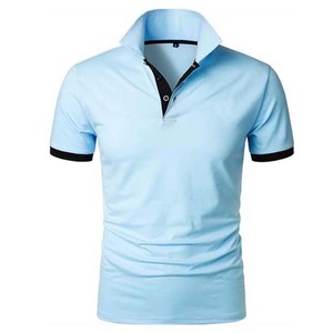 เสื้อโปโลแขนสั้นสีฟ้าอ่อนสำหรับผู้ชาย สีพื้น ลำลอง ติดกระดุมด้านหน้า ทรงปกติ ผ้าฝ้ายทอ - Product Image 1