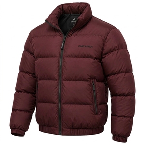 Men's <b>Burgundy</b> <b>Puffer</b> <b>Jacket</b> Stand Collar Zip Up Winter Coat Warm Casual Outdoor Streetwear Custom Private Label - Product Image 2