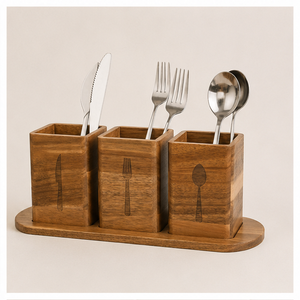 Handcrafted Acacia Wooden Cutlery Holder With Tray 3-Compartment Utensil <b>Caddy</b> & Silverware Organizer For <b>Kitchen</b> Countertop - Product Image 1