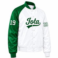 Jaket Varsity Satin Kontras Hijau Putih Wanita Iota Phi Lambda Sorority dengan Kancing Tekan di Depan, Kerah Rajut Rib, dan Manset Rajut untuk Pakaian Kampus.