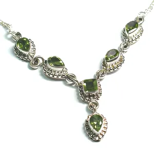 Collar de Peridoto Vintage para Mujer, Cadena de Plata con Engaste de Bisel en Forma de Gota de Agua, Joyería para Fiesta - Product Image 1