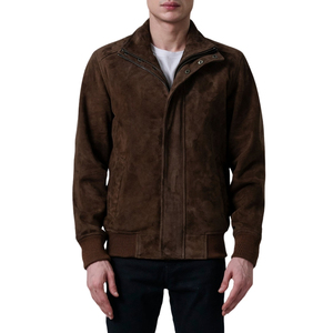 Chaqueta Bomber de Gamuza Marrón para Hombre, Cuello Alto, Cierre de Cremallera, Color Sólido, Estilo Casual para Otoño, Corte Ajustado, Largo Regular - Product Image 4