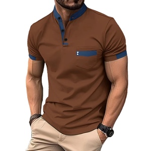 2024 Hot male stand collar color sólido de manga corta Henry camisa, bolsillo en el pecho ocio entretenimiento hombres POLO camisa - Product Image 5