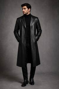 Men Genuine <b>Leather</b> Long <b>Trench</b> <b>Coat</b> Notched Lapel Single Breasted Overcoat With Pockets Regular Fit - Product Image 4