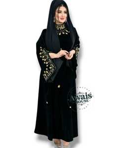 Awais House Women's Navy Velvet Beaded Embroidery Floor-Length Modest Formal Evening Dress V-neck Full Sleeve Natural Waist - Product Image 4