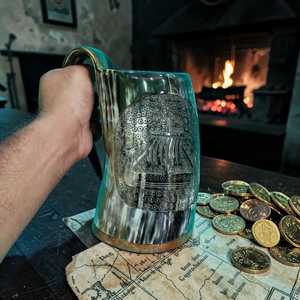 Handcarved Viking Ship Drinking Horn Mug Ox Horn Cup with Wooden Base for Display and Use At <b>Cheap</b> Price - Product Image 2