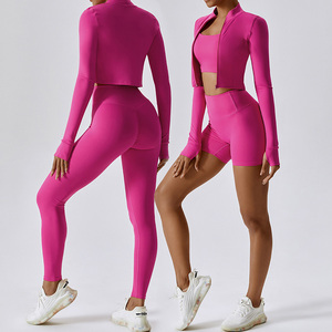 High Quality New Women Long Sleeve <b>Yoga</b> Legging Fitness 3 Piece <b>Yoga</b> Set With <b>Jacket</b> for Women - Product Image 3