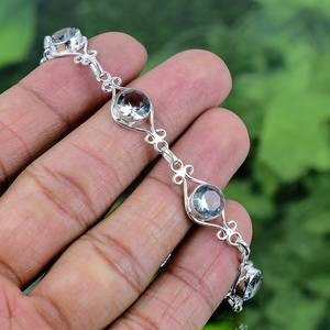 Pulsera con Dije de Aguamarina, Gema de Corte Redondo, Plata de Ley 925, Hecha a Mano, Joyería de Lujo de Alta Calidad, Regalo para Mujer, Ajustable - Product Image 4