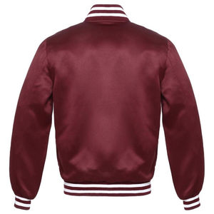 Chaqueta Varsity Personalizada 100% Poliéster Color Granate Borgoña Satinado Ecológica con Detalle de Ribete Estilo Bomber para Primavera y Deportes - Product Image 2