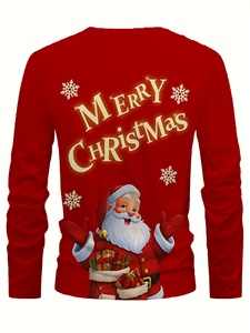 Mens <b>Christmas</b> Long Sleeve <b>T</b>-<b>Shirt</b> Red O-Neck Printed Santa Claus Merry <b>Christmas</b> Cartoon Tee - Product Image 1