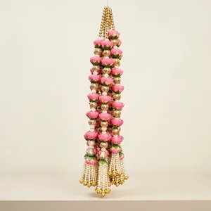 Toran de Lona con Cuentas y Gotas Doradas, Diseño Art Deco de Rosas Rosadas, para Decoración del Hogar, Bodas, Cumpleaños y Diwali - Product Image 5