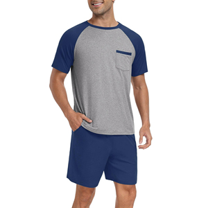 Camisa de Pijama Casual para Hombre, Gris Azul Marino, Manga Corta, Tejida, Ecológica, 100% Algodón, con Bolsillo en el Pecho, Transpirable, para Invierno - Product Image 1