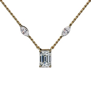 18K Yellow Gold Lab Grown Diamond <b>Emerald</b> Cut <b>Pendant</b> Necklace | Luxury Large Rectangle Diamond with Marquise Accents | Elegant - Product Image 2