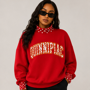 OEM Custom Logo Chenille Tackle Twill Applique Letter <b>Sweatshirt</b> Pink <b>White</b> Dotted Trim Collar Mock neck Sweater Oversized - Product Image 4